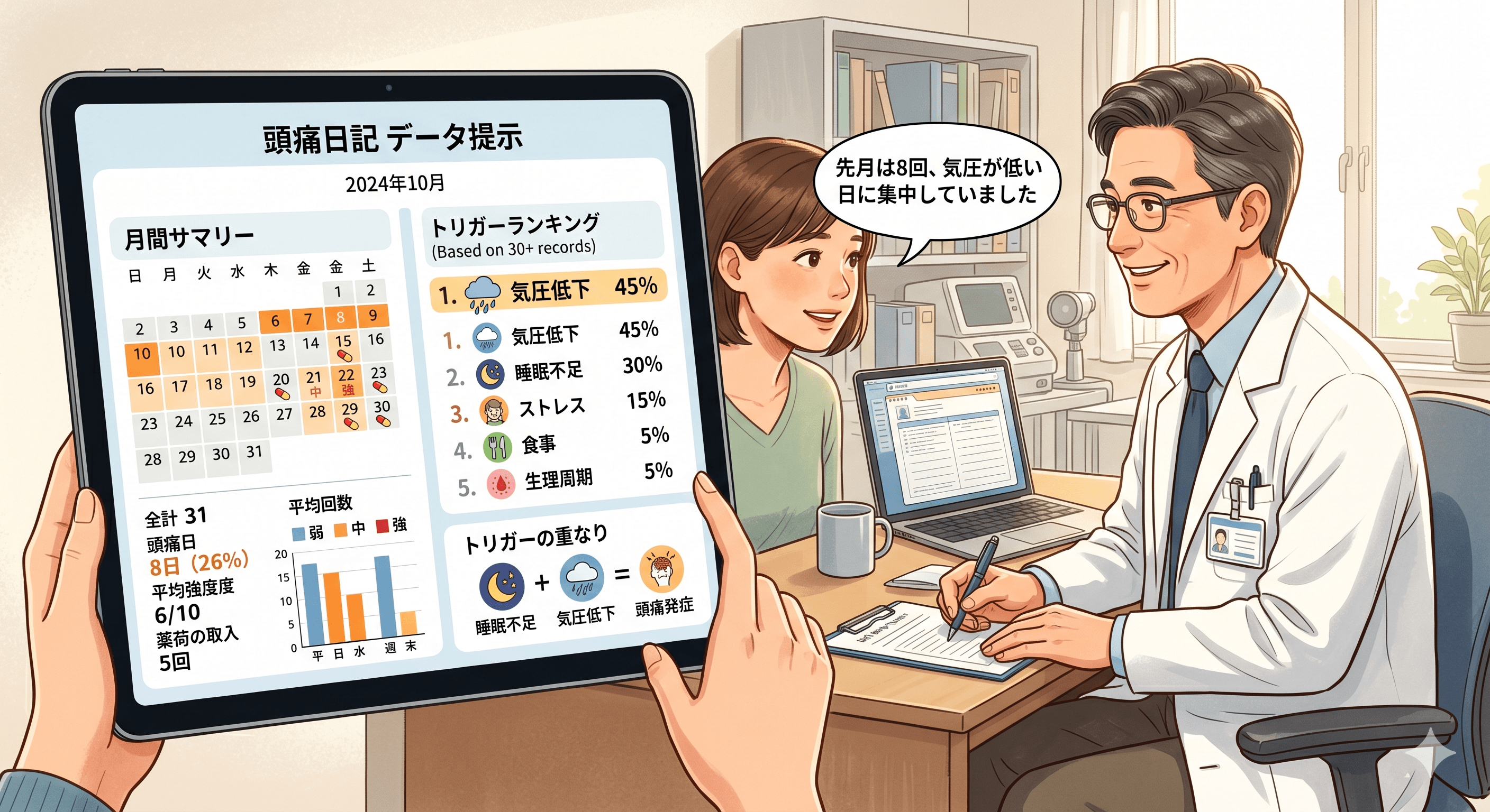 頭痛日記のデータを医師に提示するシーン（月間サマリー・トリガーランキング）のイメージ図
