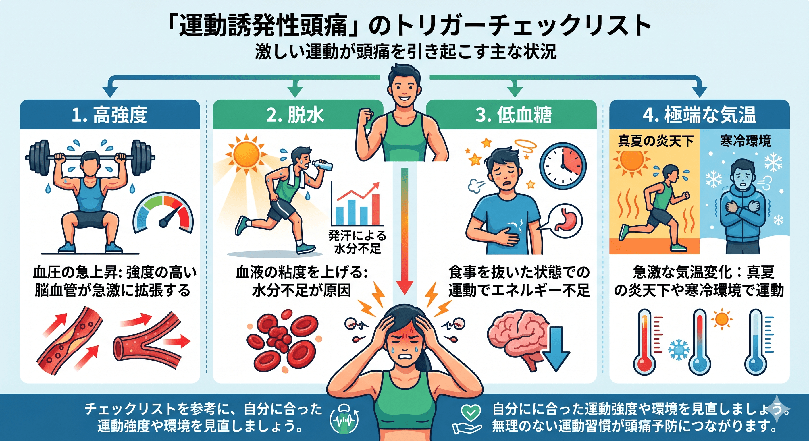 運動誘発性頭痛が起きやすい状況（高強度・脱水・低血糖・極端な気温）のチェックリスト図