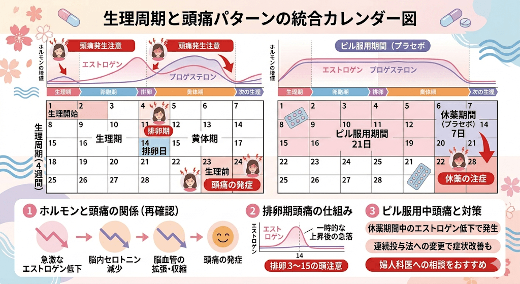 排卵期・生理前・生理中の頭痛発生パターンを示すカレンダー図