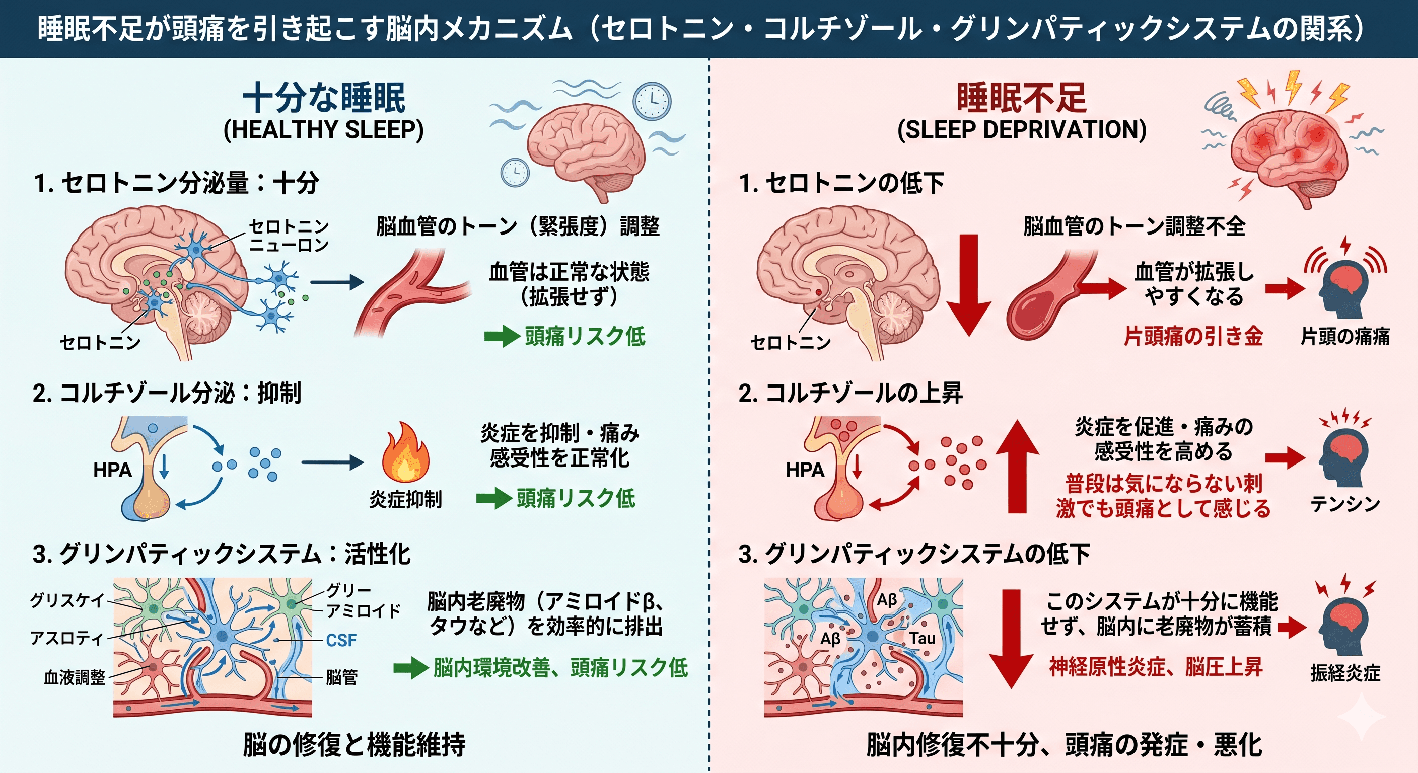睡眠中の脳内メカニズム（セロトニン・コルチゾール・グリンパティックシステムの関係図）