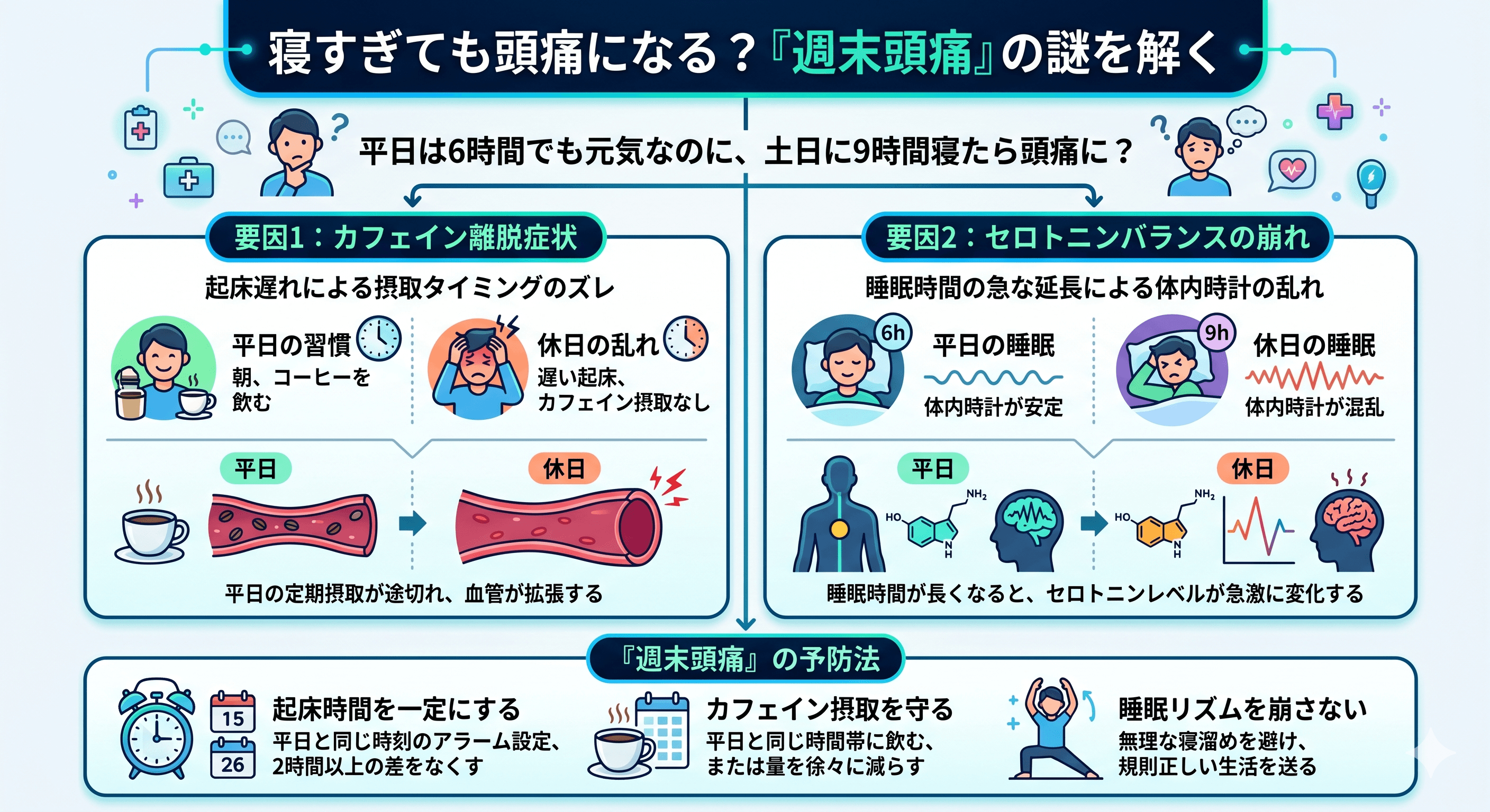 週末頭痛のパターン図（平日と休日の睡眠・カフェイン摂取タイムライン比較）