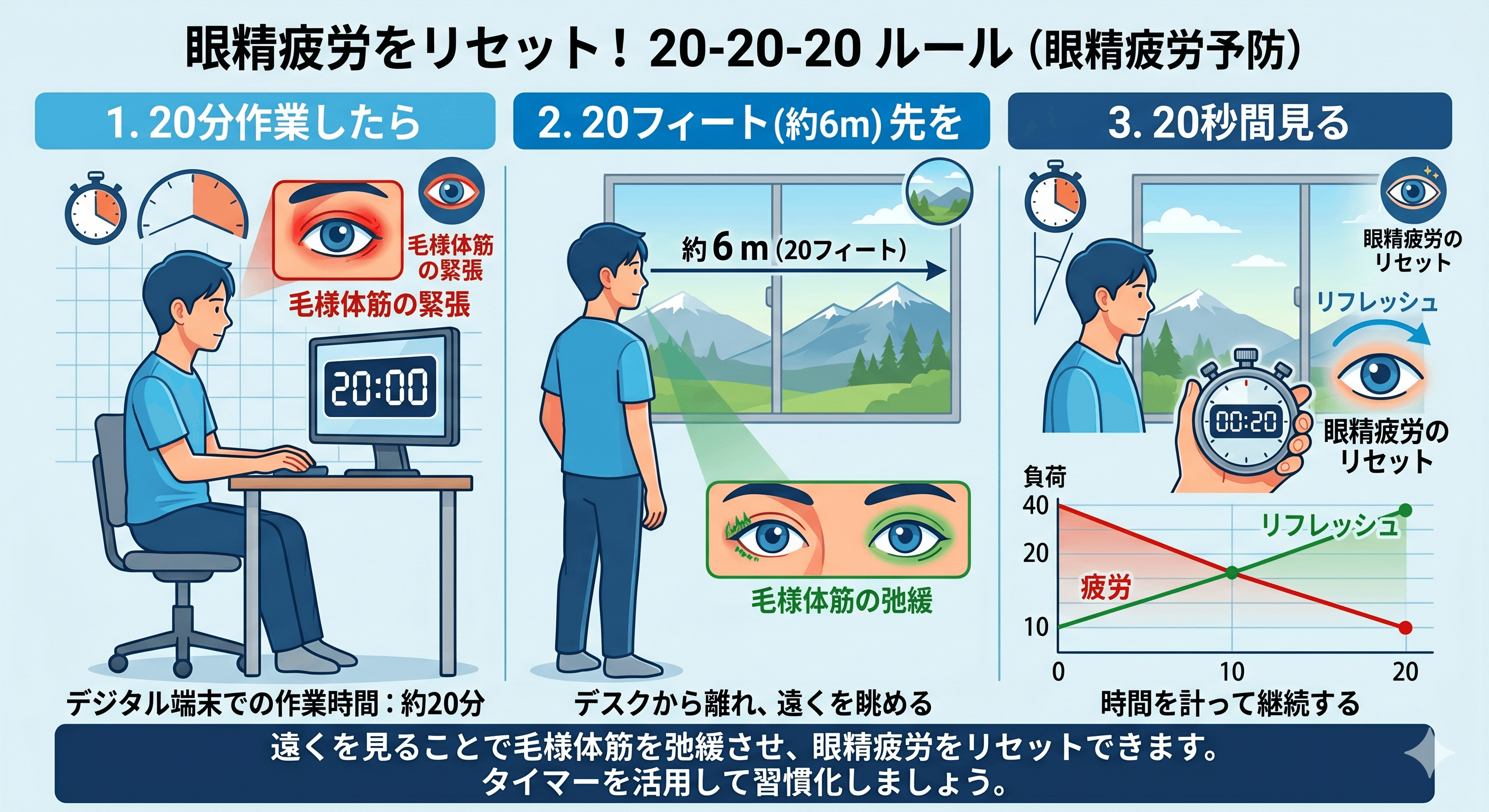 20-20-20ルールを説明するイラスト（20分・6m先・20秒のビジュアル）