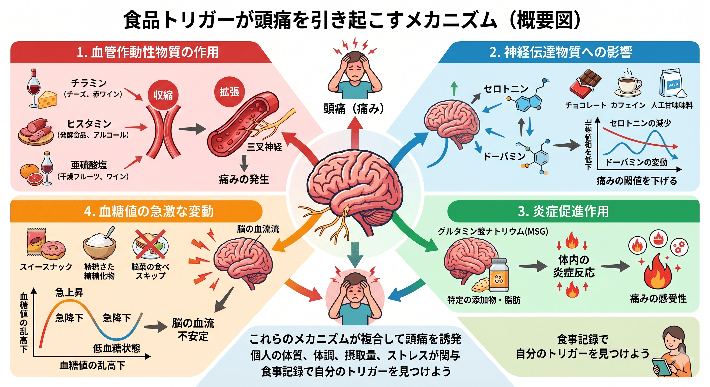 食品トリガーが頭痛を引き起こすメカニズムの概要図